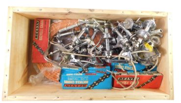 A group of bicycle parts, to include foot pedals, brake wires, bicycle chains, etc. (1 box)