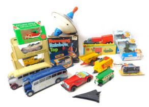 Matchbox, Corgi, Rojo Toys tinplate and diecast, including a Rojo Toys humming rainbow top, Corgi AE