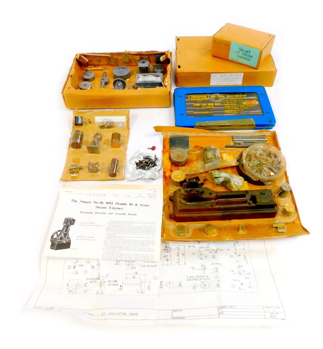 Tools and castings, comprising Stewart ST engine castings, 10 volt castings with disc wheels and a D
