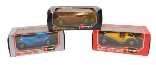 Burago diecast vehicles, 1:24 scale, comprising Bugatti Atlantic 1936 in tan, Bugatti Atlantic 1936