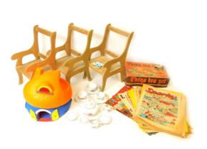 Toys and games, comprising Jack and Jill magazine, three dolls chairs, mushroom house and a china do