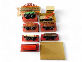 Hornby trains and Mettoy O gauge rolling stock and accessories, including Mettoy railway bridge, Hor