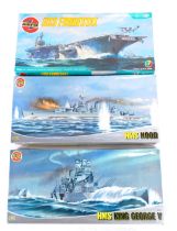 Airfix model kits, comprising 08201 USS Falstall, 1:600 scale, 08202 HMS Hood, 1:400 scale, and 0820