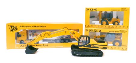 Four Joal JCB diecast models, comprising 1-35 scale Joal JS330L, unboxed, 1-50 scale JCB arctic, JCB