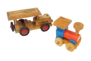 Wooden toys, comprising model of an early 20thC motor car, with tyres marked HEROS, 21cm long, toget