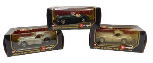 Burago diecast vehicles, 1:24 scale, including Jaguar XK120 Roadster, Jaguar XK120 Coupe 1948, and a