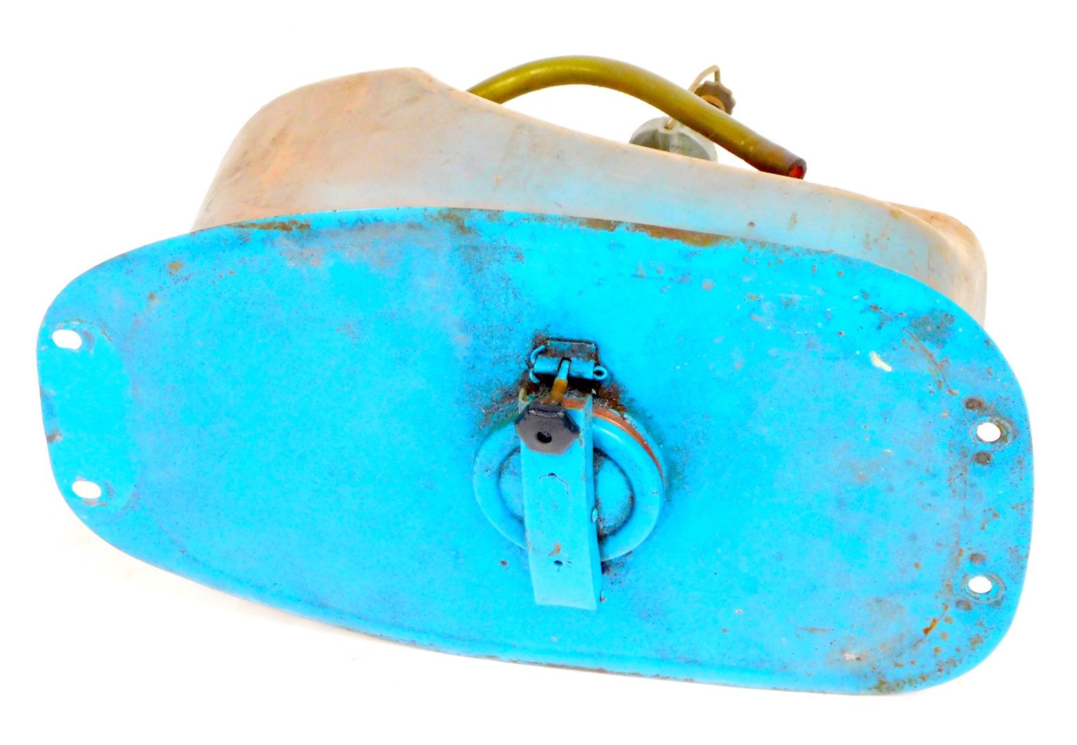A motorbike fuel tank, painted in blue.