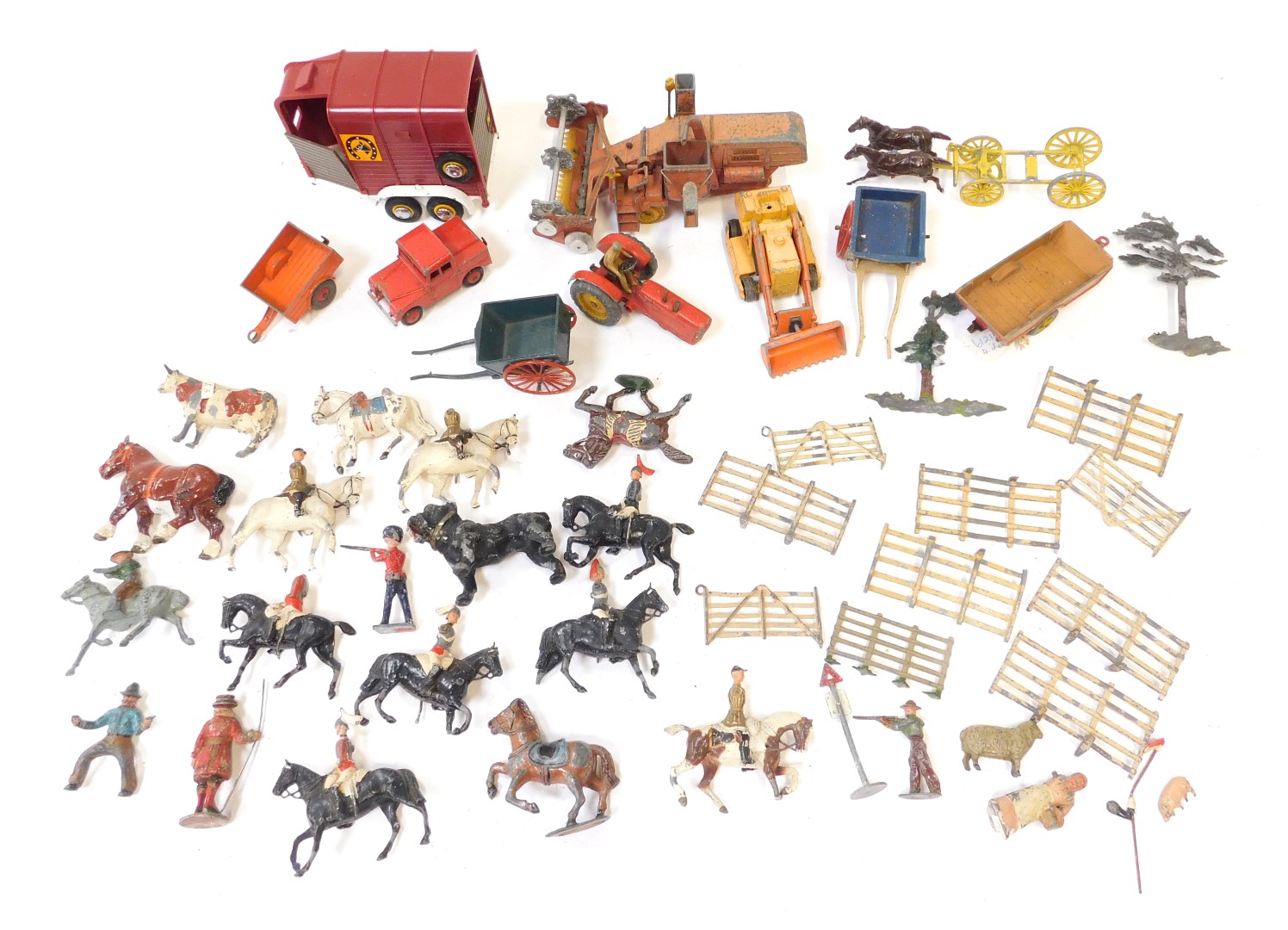 Diecast playworn agricultural vehicles and animals, comprising horse box, Dinky combine harvester, p