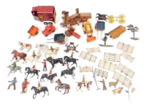 Diecast playworn agricultural vehicles and animals, comprising horse box, Dinky combine harvester, p