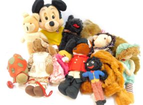 A group of soft toys, to include Basil Brush, cat, Mickey Mouse, Scottie dog, etc. (1 box)