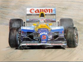 After J Hansel. An F1 Renault racing car, with advertising for Canon and Goodyear, signed in pencil