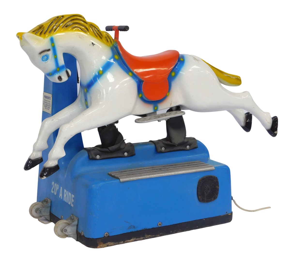 A Mitchell's RGM fairground horse ride, on a blue base with coin payment section, the plastic horse