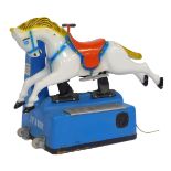 A Mitchell's RGM fairground horse ride, on a blue base with coin payment section, the plastic horse