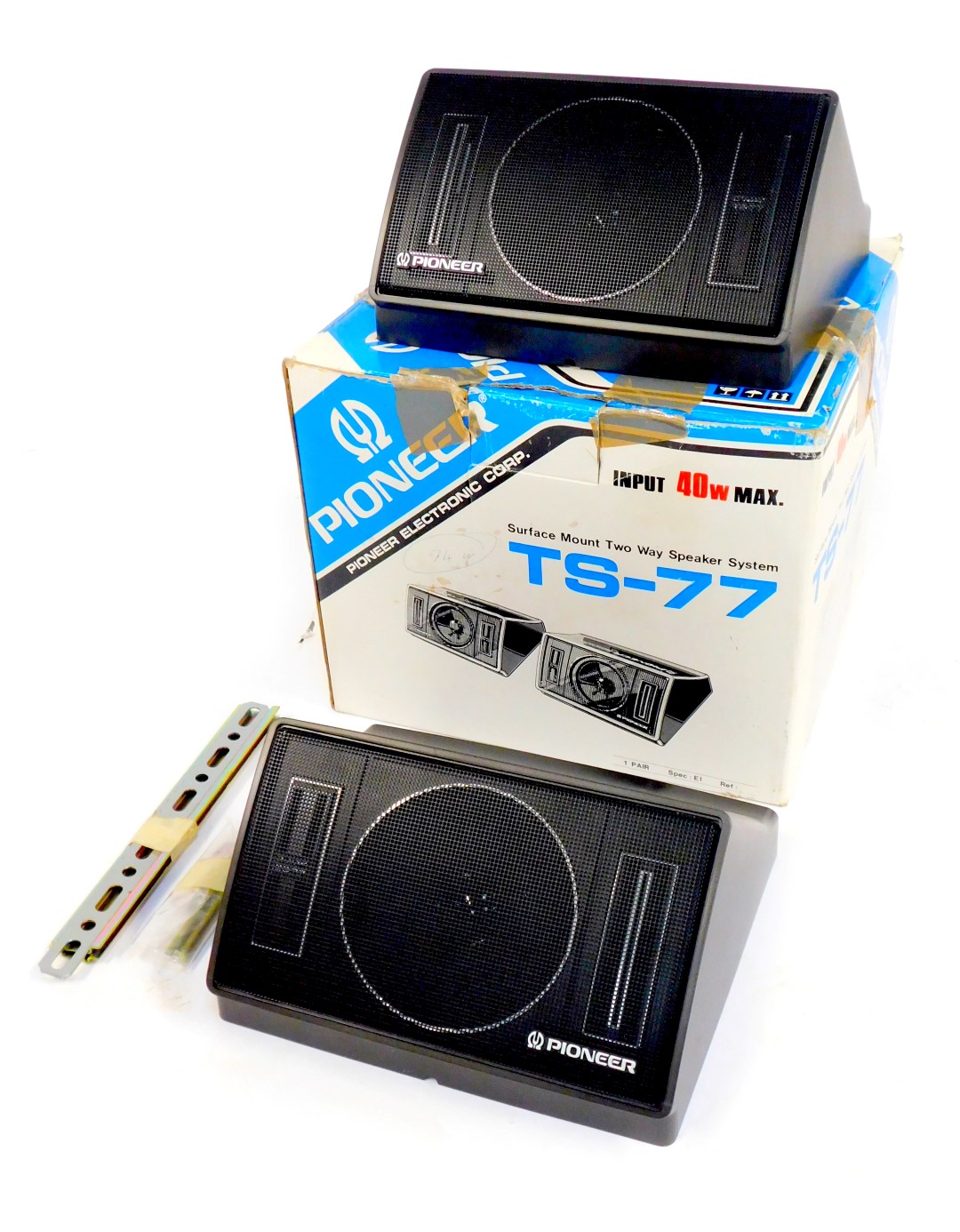 A Pioneer TS-77 surface mounted two way speaker system, boxed.