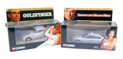 Two Corgi diecast 007 vehicles, comprising Goldfinger Aston Martin DB5 and Tomorrow Never Dies BMW 7