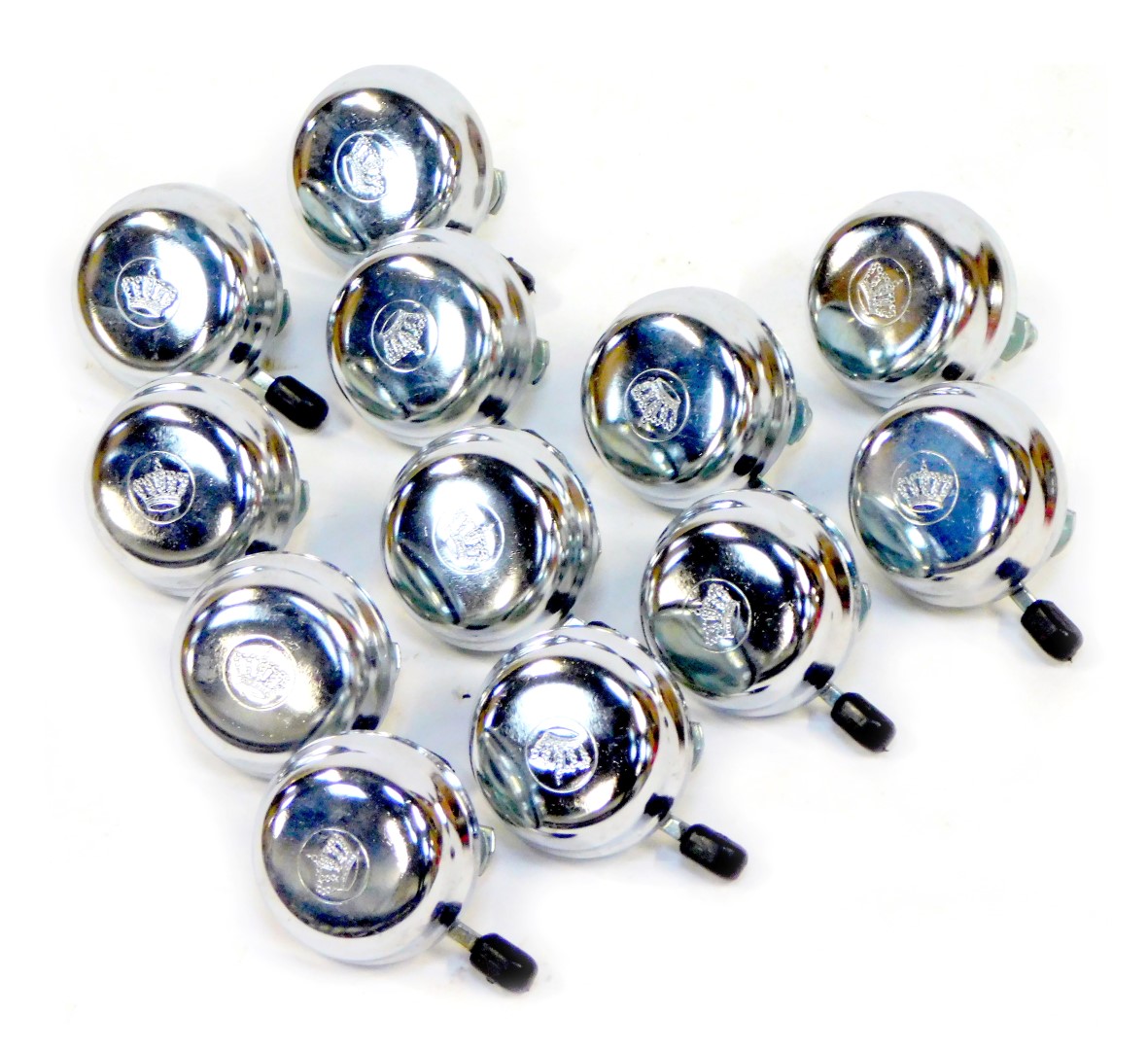 A group of Widek bicycle bells, each stainless steel with crown emblem. (1 tray)