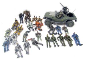 A group of Macfarlane Halo Figures and Vehicles, including Spartan II's, Sangheili Elites, Brutes ,