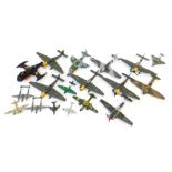 A group of diecast playworn Dinky and other aircrafts, to include Harrier, Hurricanes, Junkers, etc.