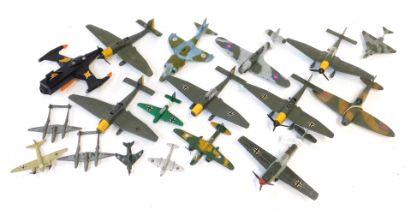 A group of diecast playworn Dinky and other aircrafts, to include Harrier, Hurricanes, Junkers, etc.