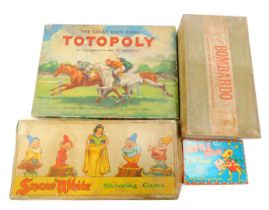 Toys and games, comprisng Beetle Drive, Bombardo Pool, Totopoly, and Snow White Shooting Game. (4)