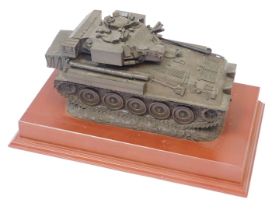 A Martin Duchemin armored tank model, bronzed effect set on a yew wood rectangular base, 15cm high,