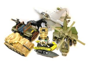 A group of Action Men vehicles, to include Submarine Woofer, tank, Jeep, weapons, horse, etc. (1 box