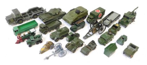 A group of Corgi and Dinky diecast armoured vehicles, playworn, to include tanks, cannons, trucks, e
