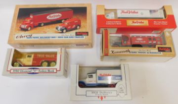 Diecast collectors vehicles, comprising Ertl 1931 delivery truck bank, an Ertl 1930 Diamond T tanker