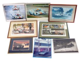 Walter Getschke. Two framed coloured motor racing prints, and other various motor racing prints.