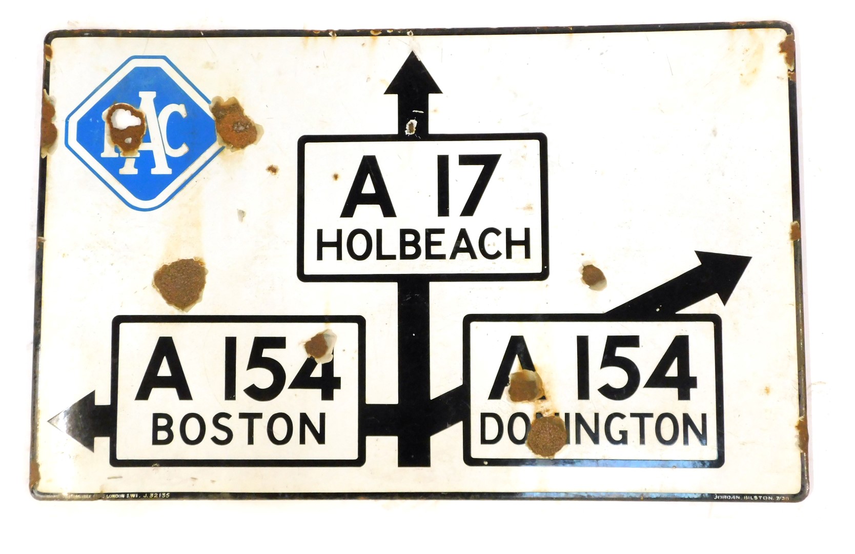 An RAC enamel road sign, for the split division between the A17 Holbech A154 Boston A154 Donington,