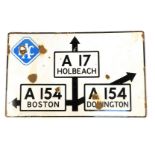 An RAC enamel road sign, for the split division between the A17 Holbech A154 Boston A154 Donington,