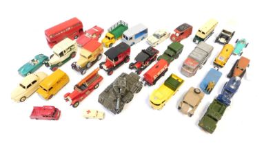 A group of diecast playworn vehicles, Dinky and other, to include Bedford van, London bus, armoured