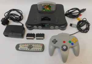 A Nintendo 64 games console, Super Mario 64 game, controller and related cables. (1 box)