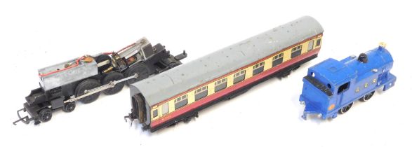 Railway, Hornby Dublo tinplate carriage, a Battle of Britain chassis, and a Dinky Toys GER blue loco