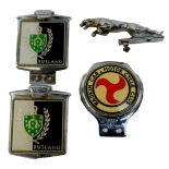 Four car badges, comprising Rutland emblem shield, The Wadkin Car and Motorcycle Club, and a Jaguar