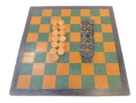 A draughts board and markers.