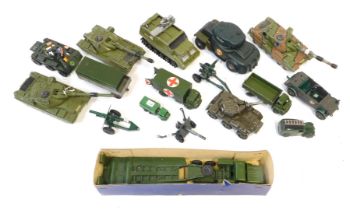 A group of Dinky and Corgi diecast playworn armoured vehicles, to include tanks, flatbed trucks, med