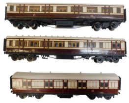 Three 'O' gauge scratch built passenger coaches for Caledonian Railways, and a part built coach. Fro