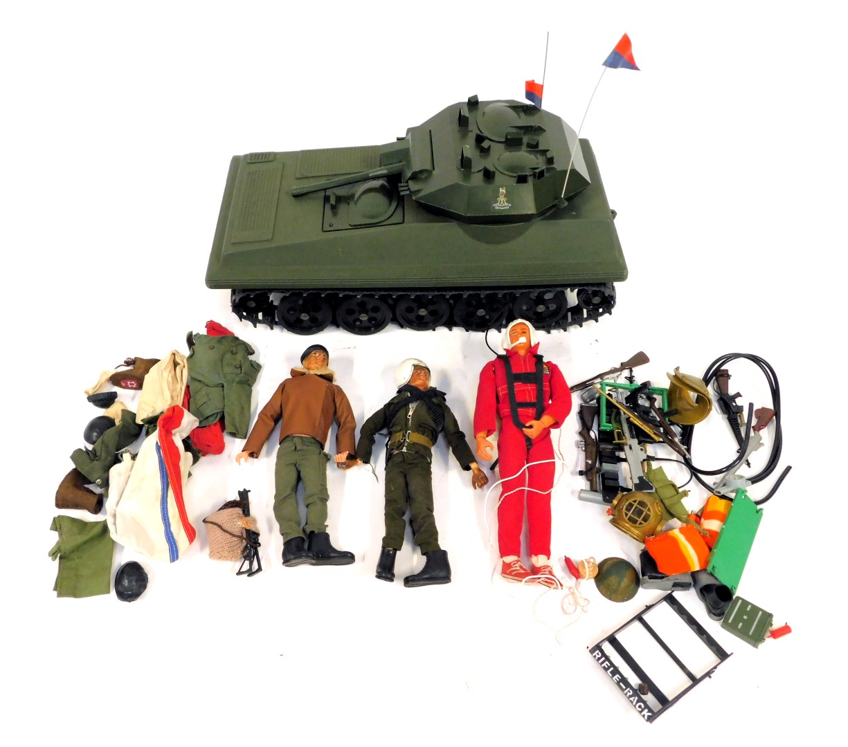 Action Man figures and accessories, including battle tank, accessories, weapons, etc., and a Kenner