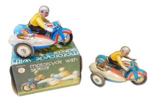 A Collectable Kits clockwork tinplate motorcycle with sidecar, MS709, boxed, with key, and another.