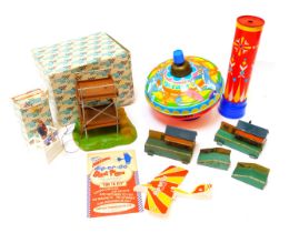 Miscellaneous toys and games, to include Bing tinplate buildings, Chad Valley kaleidoscope, Chad Val