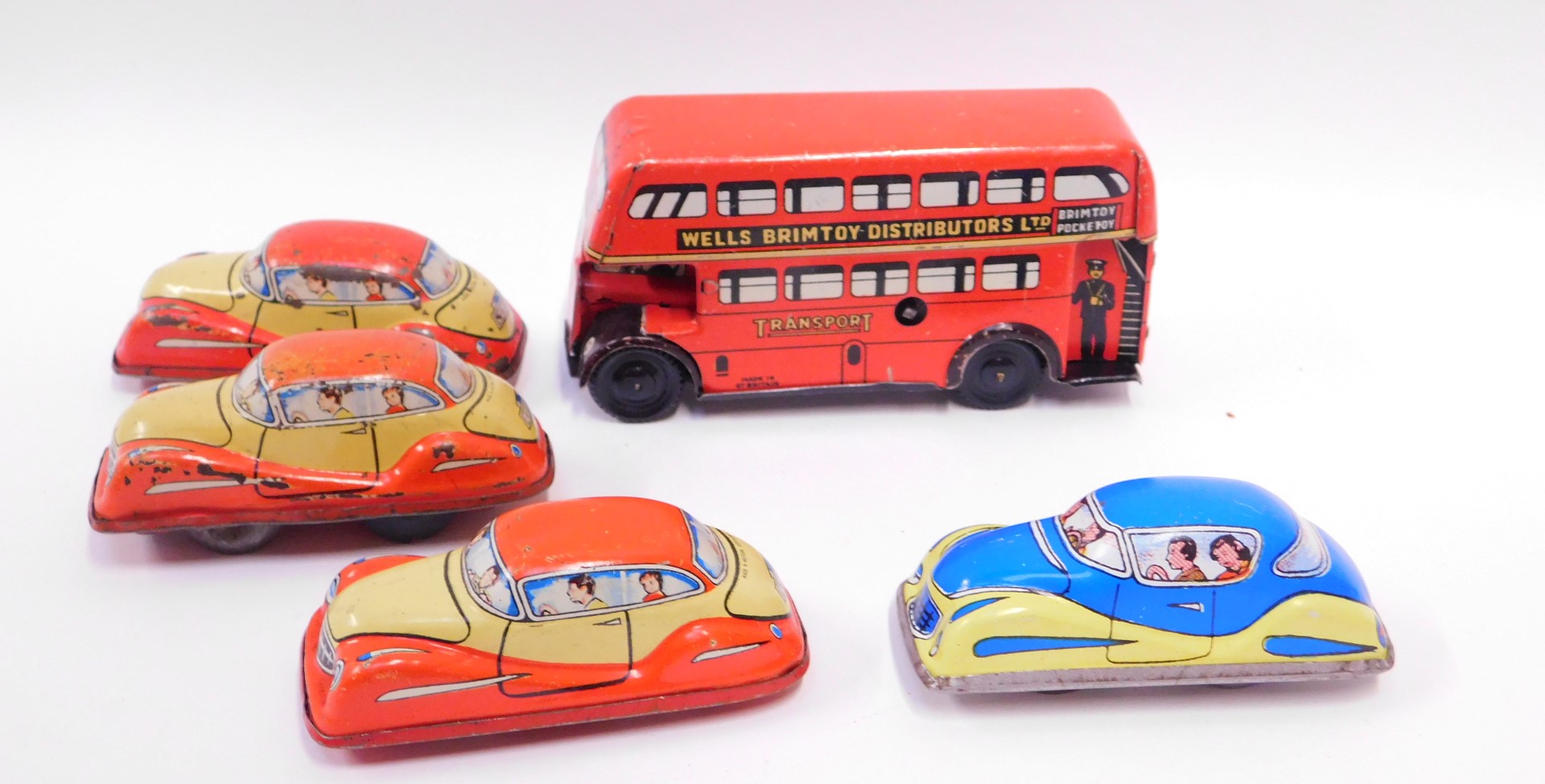 Tinplate models, comprising British made wind up cars, an automatic garage and a London red bus, no - Image 2 of 4