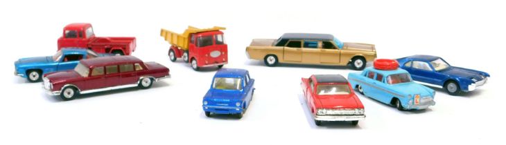 A group of diecast vehicles, playworn, to include Corgi Lincoln Continental, Rambler Fast Back, Olds
