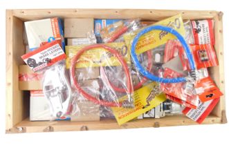A group of bicycle parts, to include valve inserts, combination cable locks, locks, Sportsman toe cl