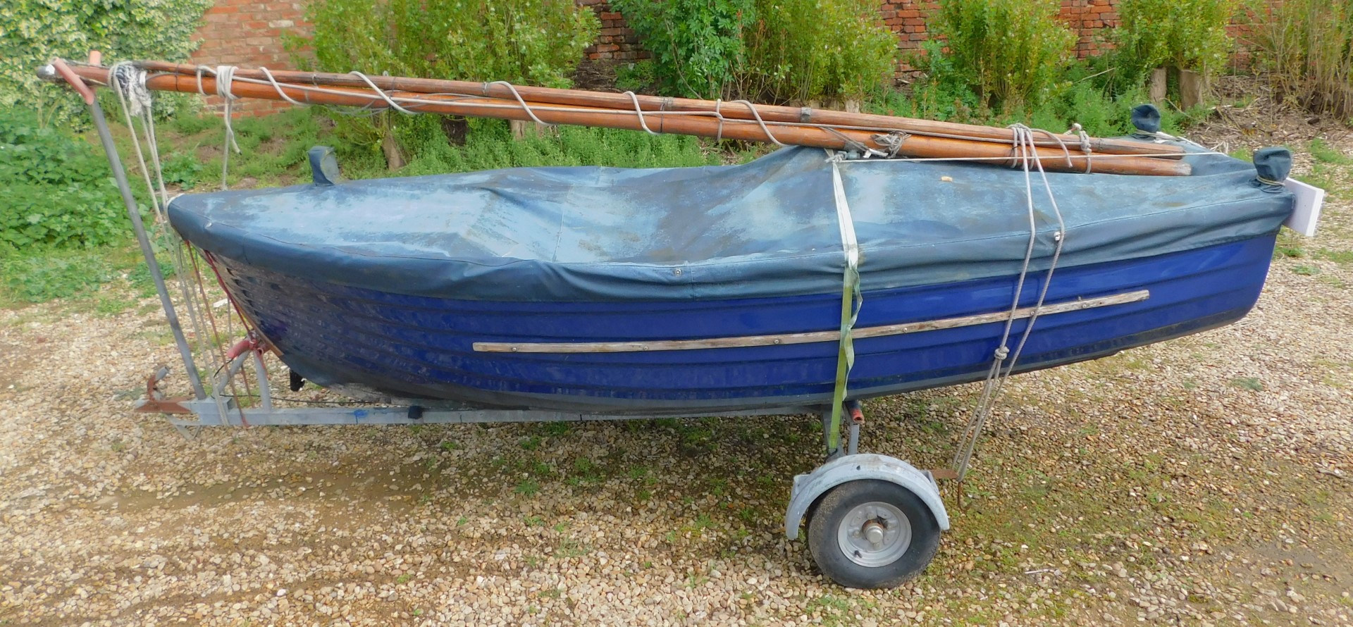 A 12ft blue G.R.P Clinker Sailing Dingy, with a mahogany gunwale with brass fittings, with Neil Pryd - Image 2 of 6