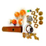 A copper piston casing, motorbike indicator lights, Stewart castings, etc. (1 tray)