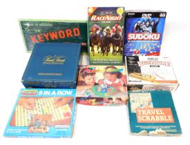 A group of vintage games, to include Race Night, Trivial Pursuit, Sudoku, Buzz Wire, Five in a Row,