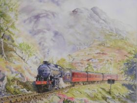Christopher Ware (20thC School). The Jacobite 62005, study of a steam train in a mountainous landsca