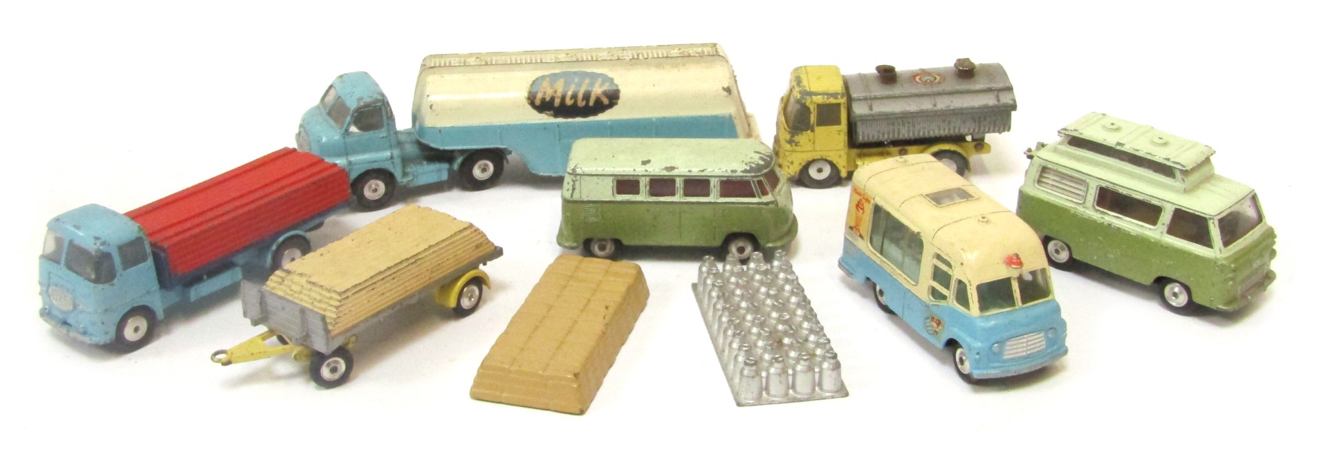 Diecast vehicles, playworn, comprising Corgi Ford James caravan, Smith's carrier van, Corgi Major bi