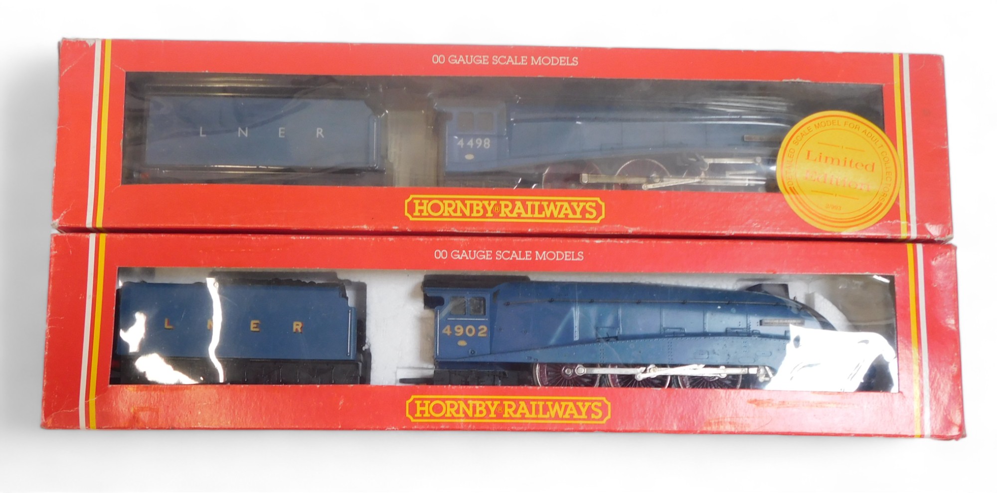 Hornby OO gauge class A4 locomotives, Seagull 4902, in LNER garter blue, and 4498 Sir Nigel Gresley